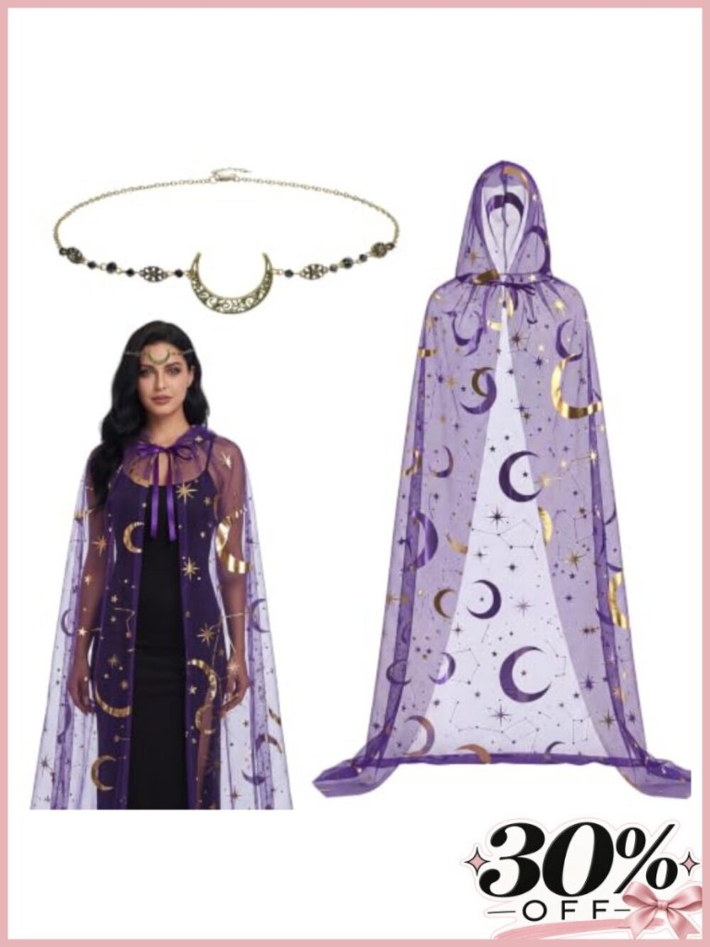 Women's Witch Cape & Moon Headpiece Halloween Set